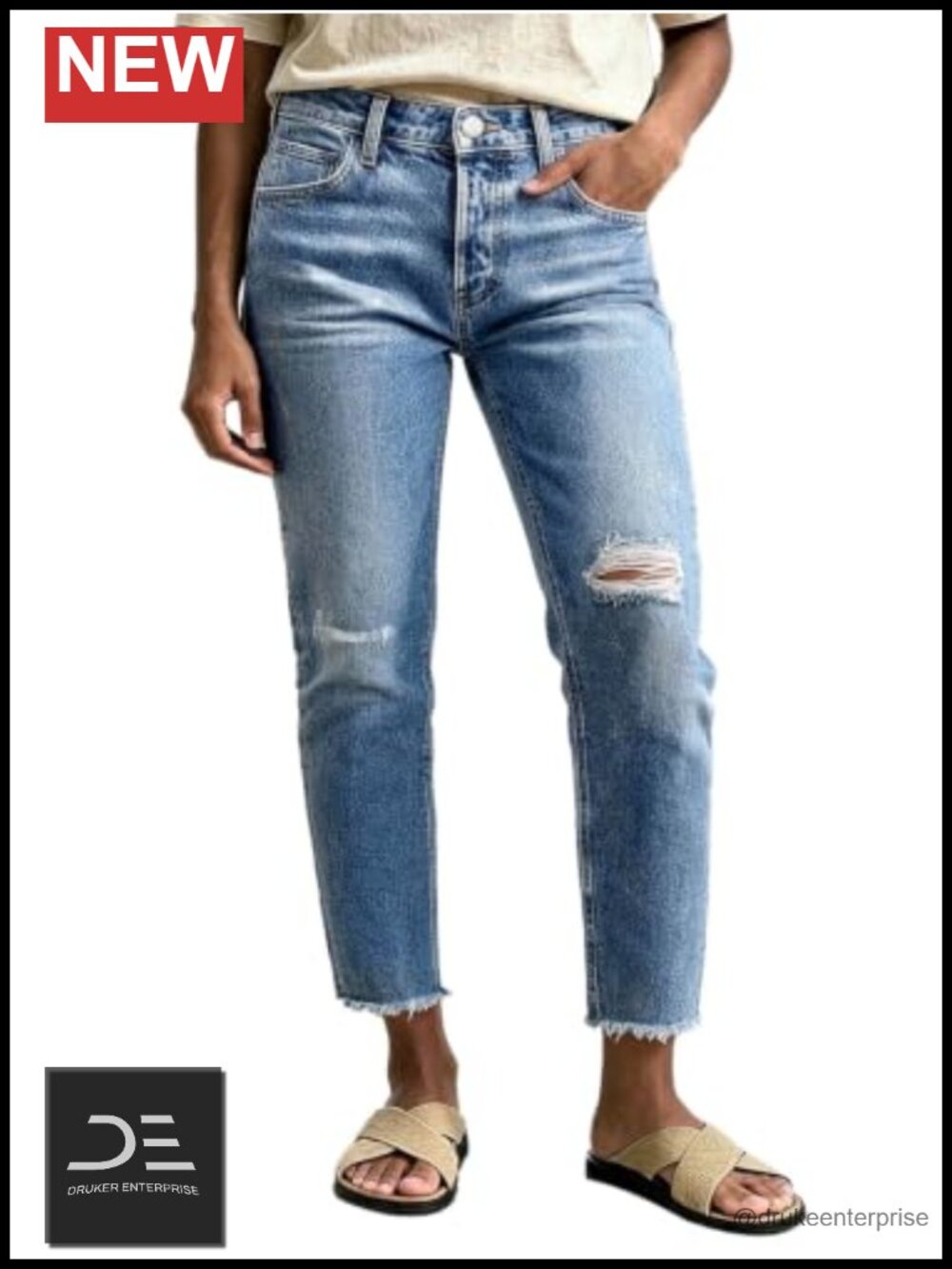 Mid Rise Straight Leg Crop Jeans for Women Raw Hem Ripped Distressed Denim